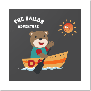 Funny bear sailor cartoon vector on little boat with cartoon style. Posters and Art